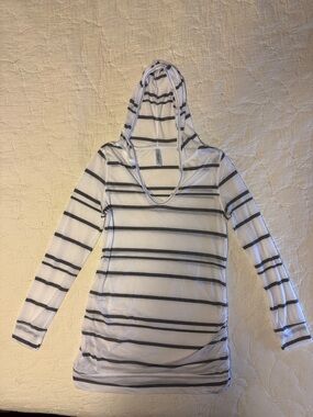 Soybu White and Gray Striped Hooded Long Sleeve Top